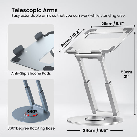 portable laptop stand with easy extendable arms. Silver