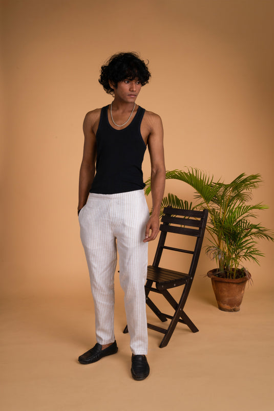 Men Beige White Stripes Hemp Lounge Pant