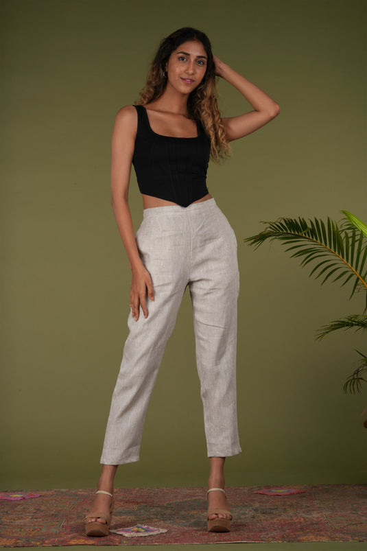 Ecentric Women Beige Solid Hemp Lounge Pant