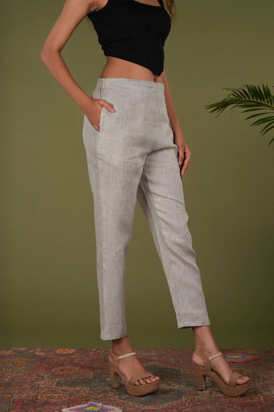 Women Beige Solid Hemp Lounge Pant with pocket