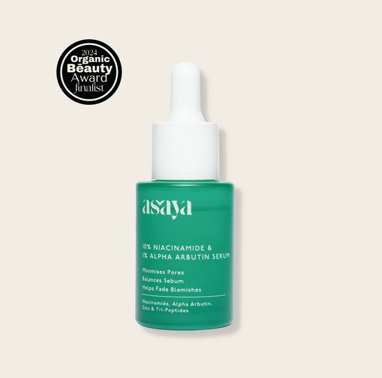 Niacinamide and Alpha Arbutin serum by Asaya for pore tightening on the face