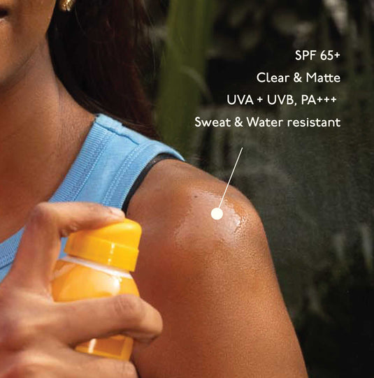 Broad spectrum SPF 65+ UVA+UVB PA+++ Asaya sunscreen spray for all skin types, sunscreen spray with aloe vera