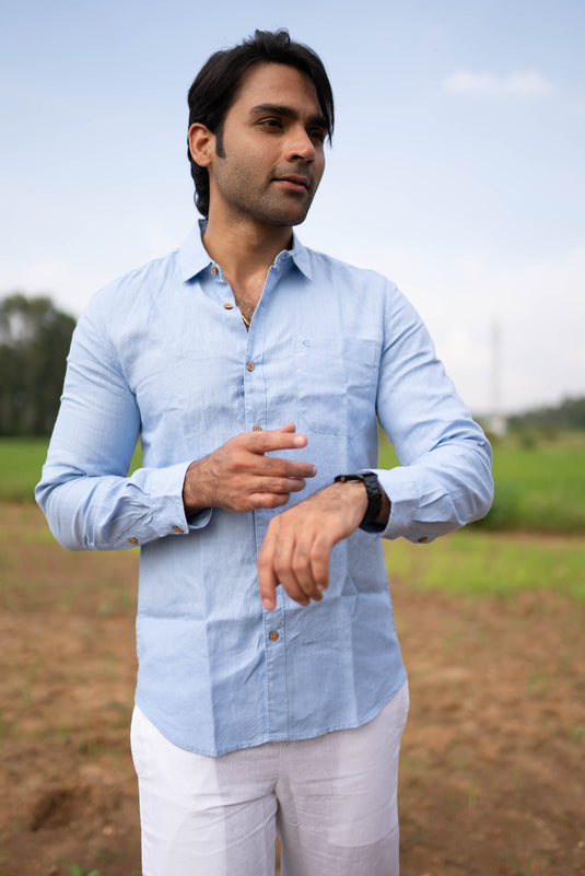 Men Blue Hemp Formal Full Sleeve Shirt