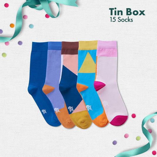 GMT! Giraffe Mood Time! Tin Gift Box, Unisex Crew Length Socks, 100% Organic Cotton, Box of 15