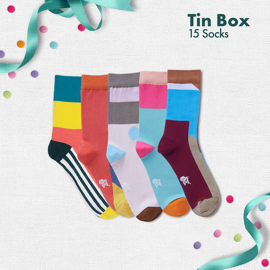 GMT! Giraffe Mood Time! Tin Gift Box, Unisex Crew Length Socks, 100% Organic Cotton, Box of 15