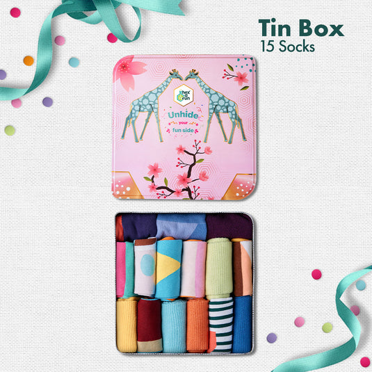 GMT! Giraffe Mood Time! Tin Gift Box, Unisex Ankle Length Socks, 100% Organic Cotton, Box of 15