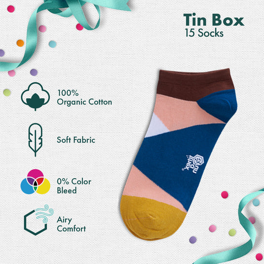 GMT! Giraffe Mood Time! Tin Gift Box, Unisex Ankle Length Socks, 100% Organic Cotton, Box of 15