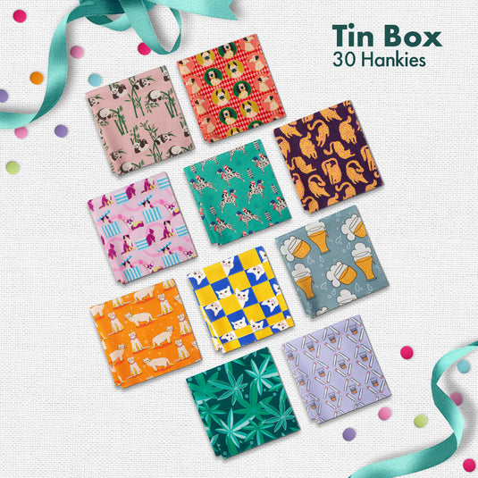 GMT! Giraffe Mood Time! Tin Gift Box, Women's Hankies, 100% Organic Cotton, Box Of 30