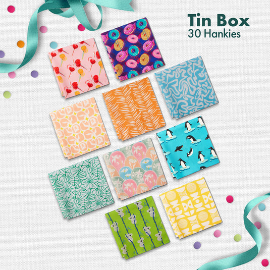 GMT! Giraffe Mood Time! Tin Gift Box, Women's Hankies, 100% Organic Cotton, Box Of 30