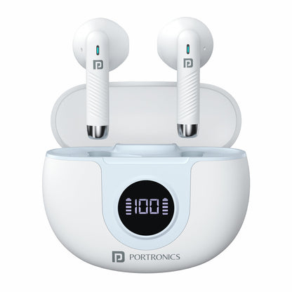 White Portronics Harmonics Twins S8 tws bluetooth noise cancelling earbuds