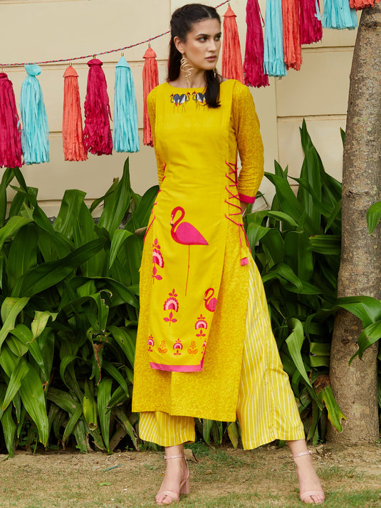 Yellow Side Dori Flamingo Printed Kurta