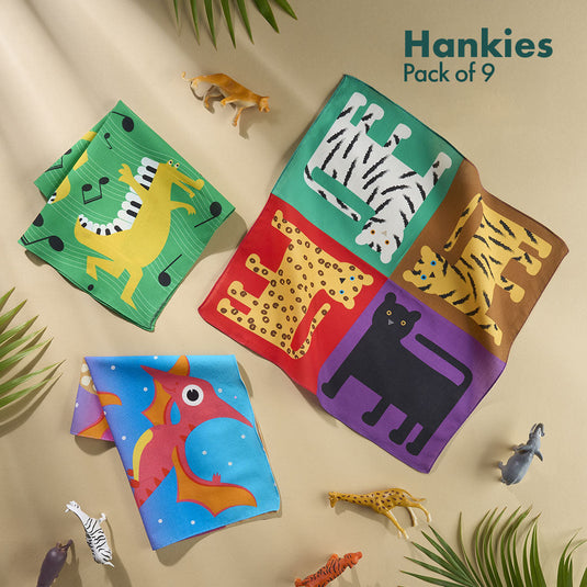 Animal Kingdom! Unisex Kid's Hankies, 100% Organic Cotton, Pack of 9