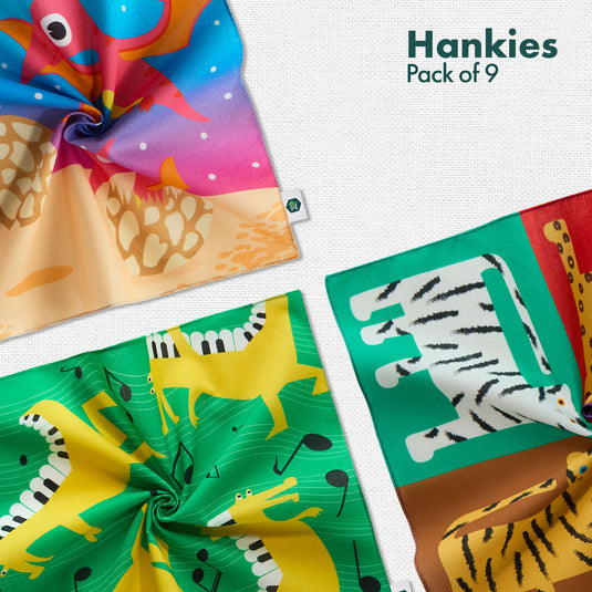 Animal Kingdom! Unisex Kid's Hankies, 100% Organic Cotton, Pack of 9