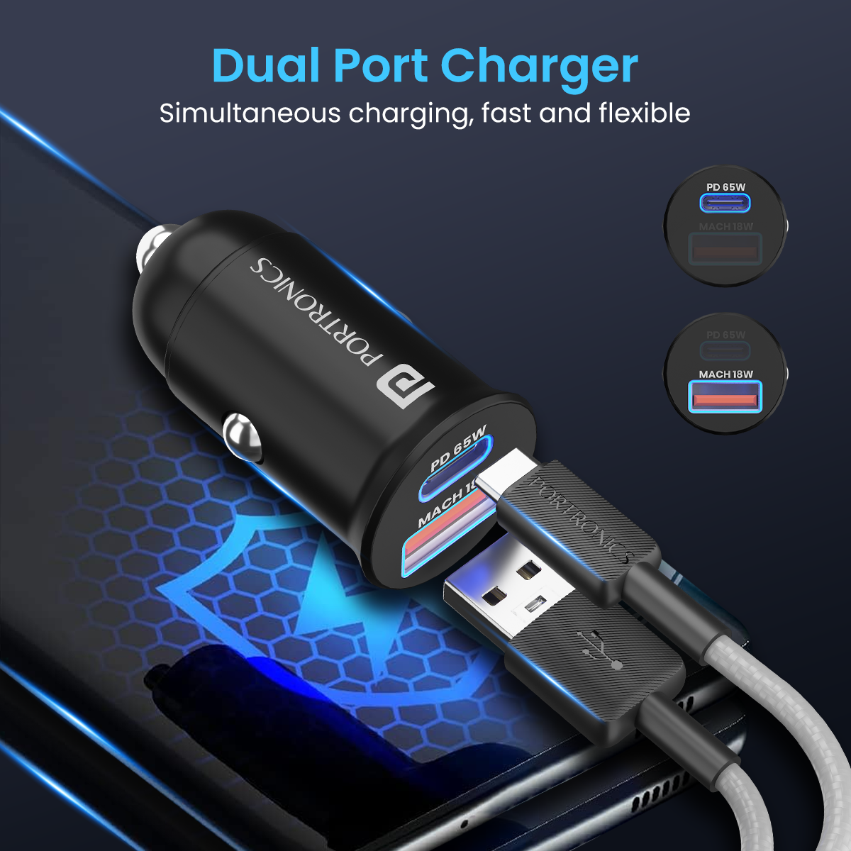 Black Portronics Car Power 65 car charger with dual port usb hub| best car accessories| car phone