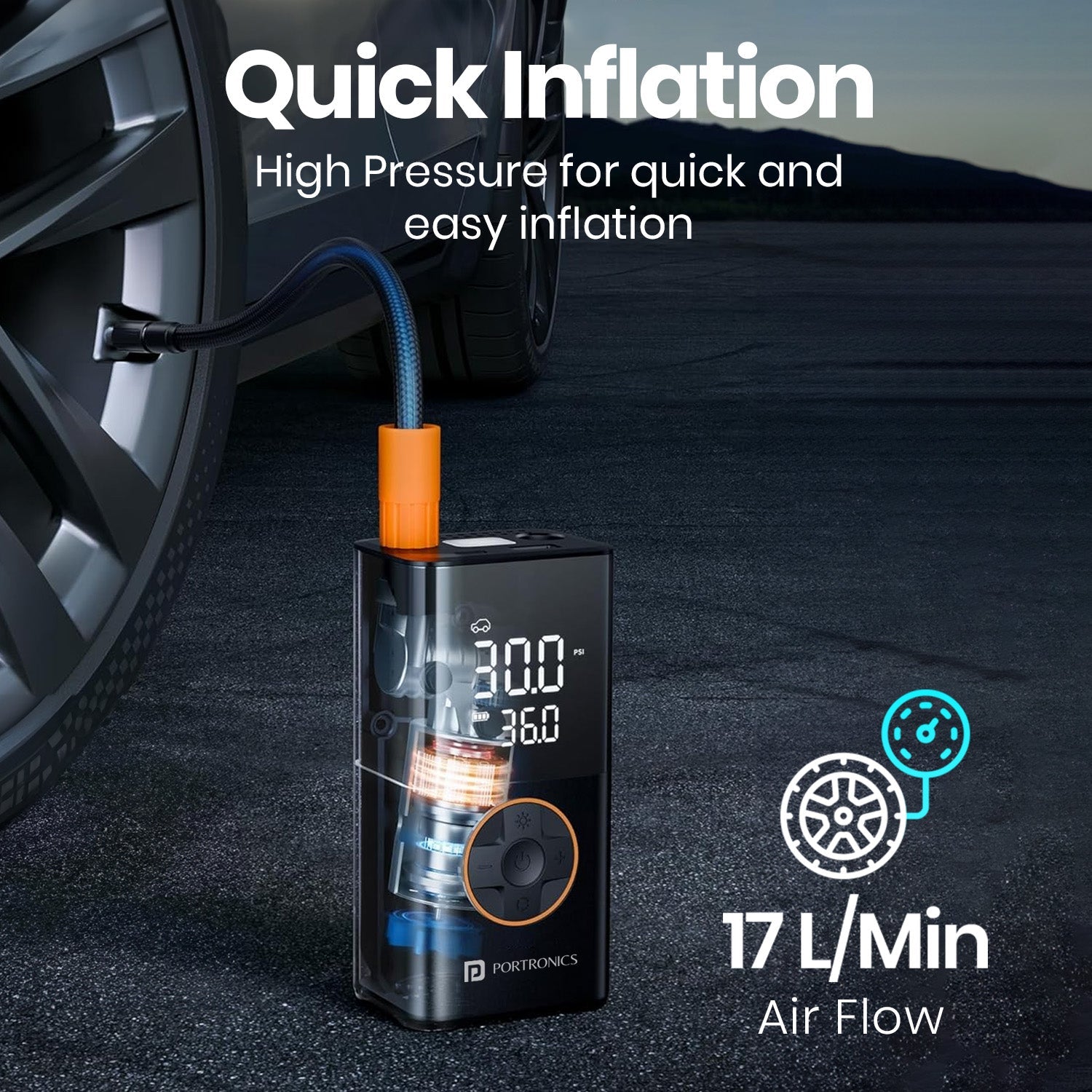 Portronics vayu 3.0 portable tyre inflator| rechargeable car tyre inflator with auto pressure & limit detects| air pump for car online| car tyre inflator 