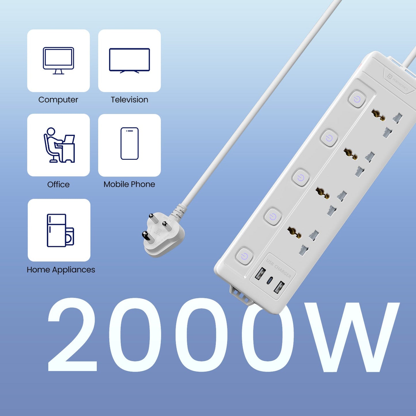 Portronics Power Plate 19 Power Extension Board Imported intelligent chip support| Power extension board with 2000w power delivery