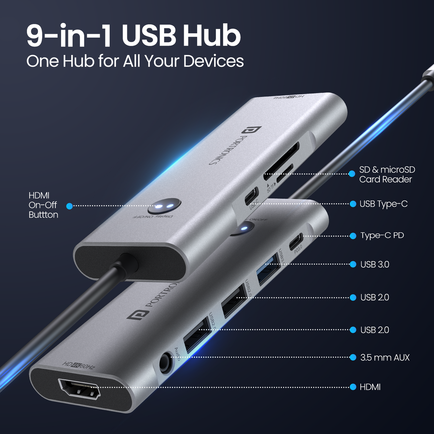 Portronics Latest Mport One 9-in-1 USB Hub With 4k HDMI Port|  USB hub | best usb hub port| usb hub for fast data transfer