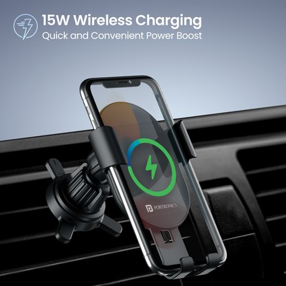 Portronics Clamp 4 phone Holder with 15w wireless car charger 