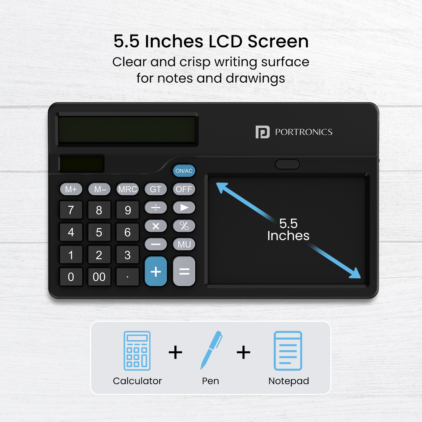 slim and lightweight Portronics Ruffpad Calc 2 12-digit smart digital calculator | digital writing pad with 5.5inch lcd screen