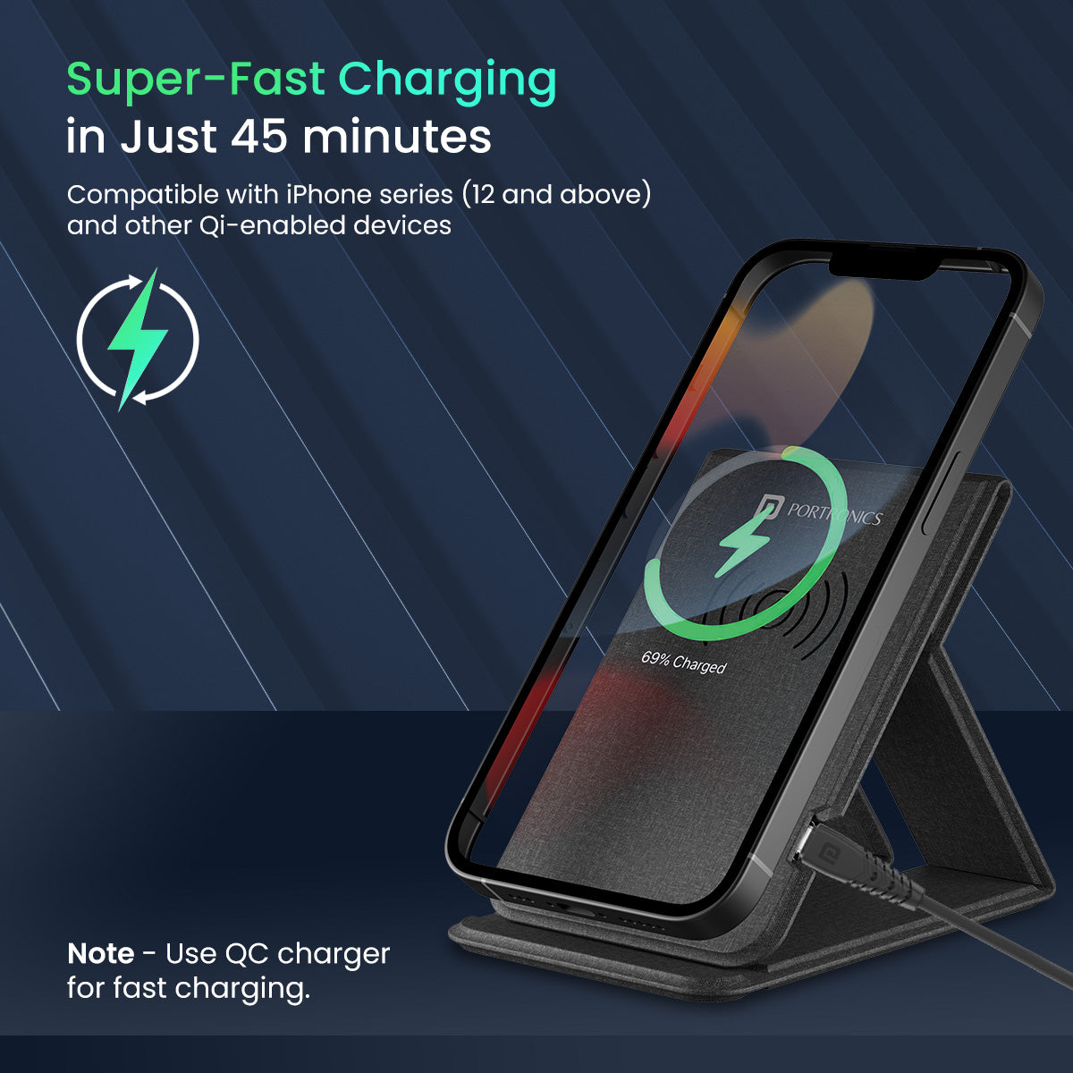 Black Portronics Freedom Fold Foldable wireless charger with fast charging