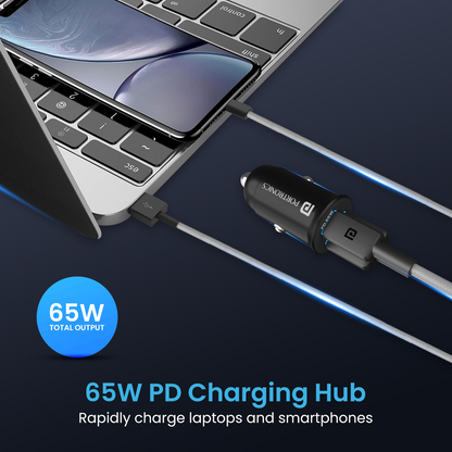 Black Portronics Car Power 65 car charger with dual port usb hub| best car accessories| 65w pd car charging hub