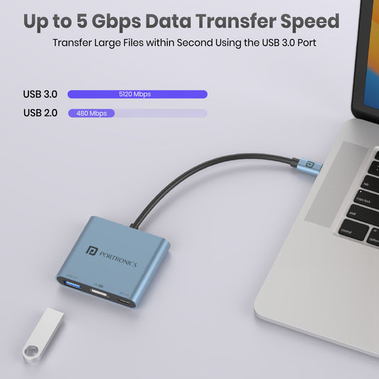 Blue Portronics C-Konnect Plus type-c  usb hub has one 3.0 usb port for fast data transfer