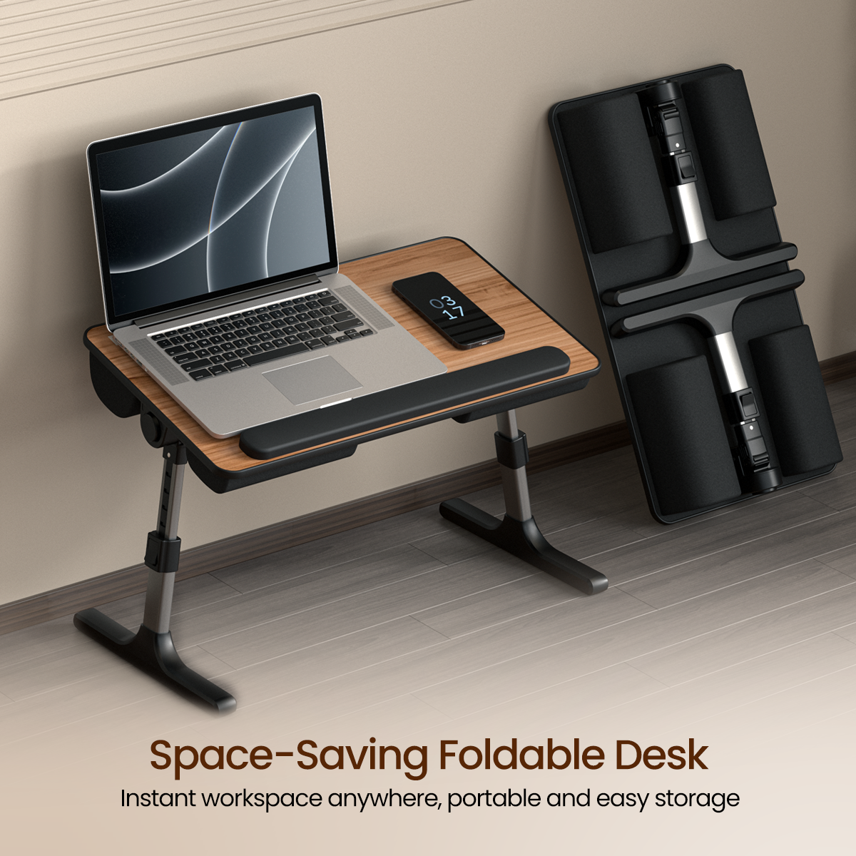 brown Portronics my buddy z foldable and portable laptop desk for space saving features