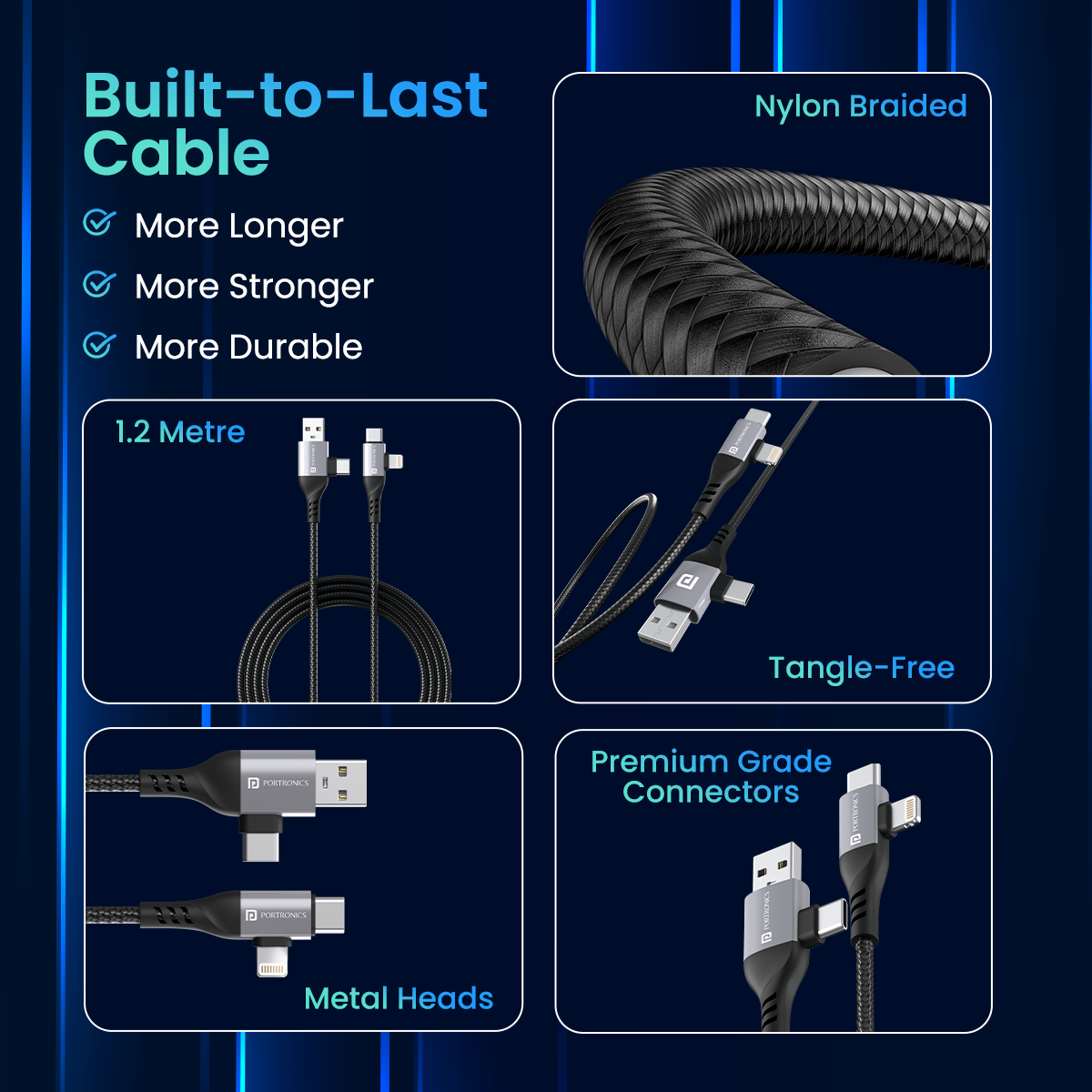 Black Portronics Konnect 4 in 1 multi-functional nylon braided charging cable