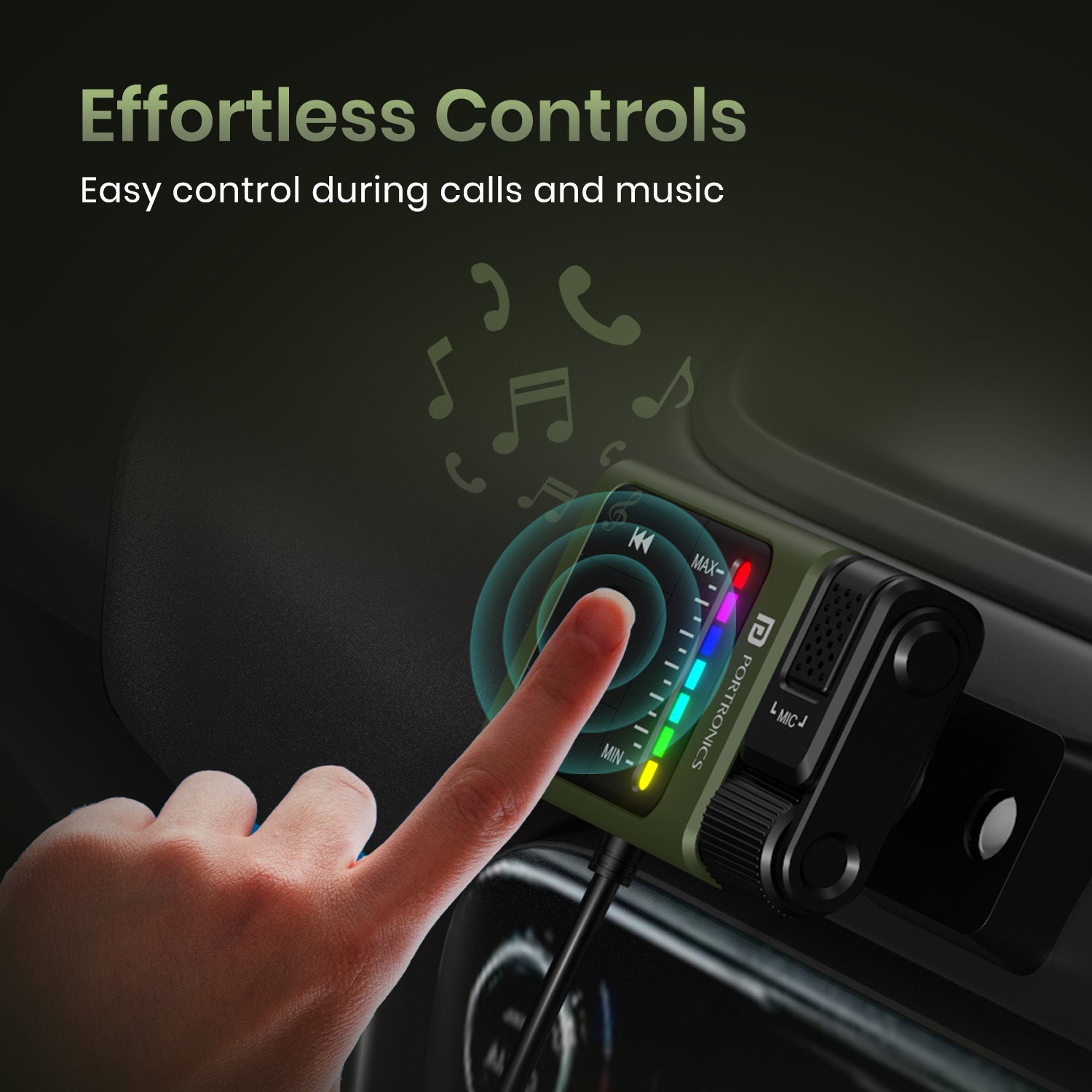 Black Portronics auto tune car bluetooth receiver| car accessories online| best car bluetooth| bluetooth receiver for car| car bluetooth accessories with music & call control button