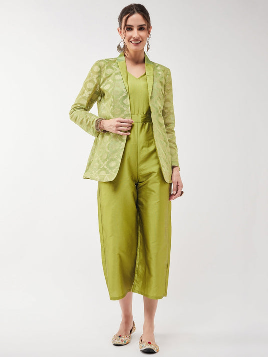 Solid Jumpsuit With Banarasi Jacquard Blazer