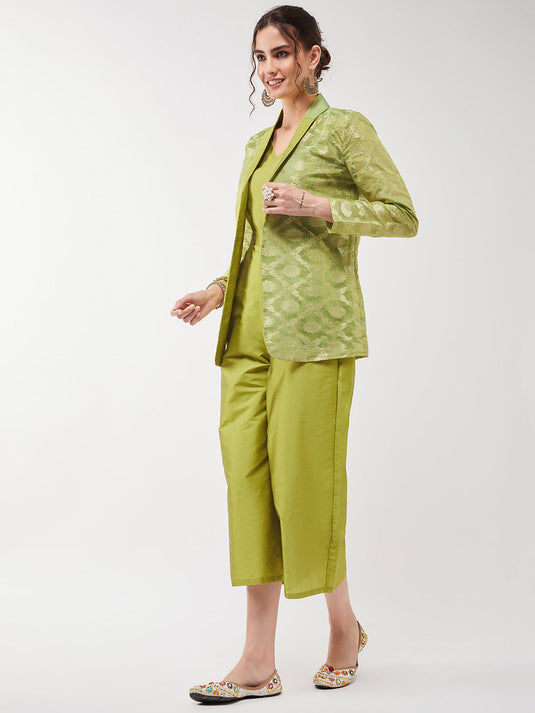 Solid Jumpsuit With Banarasi Jacquard Blazer