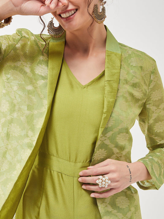 Solid Jumpsuit With Banarasi Jacquard Blazer