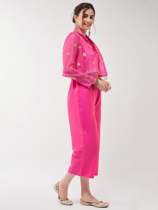 Solid Jumpsuit With Polka Tasseled Blazer