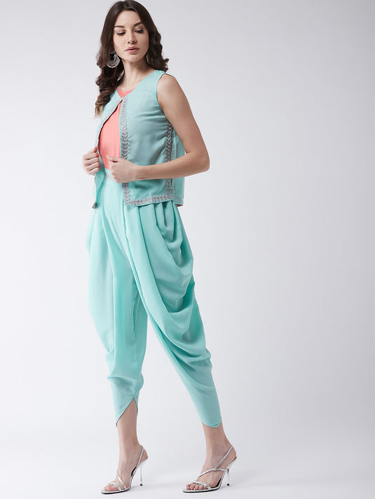 Pastel Embroidered Jumpsuit With Sleeveless Shrug