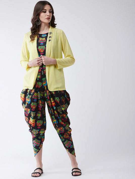 Quirky Owl Printed Jumpsuit with Embroidered Shrug