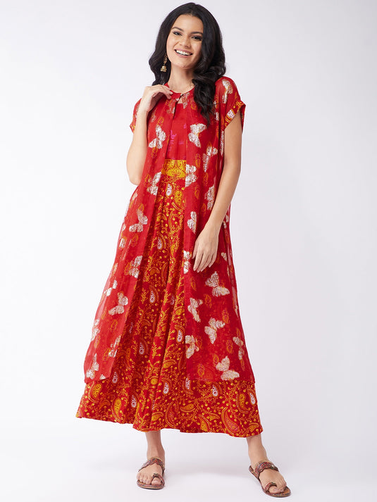 Sindoor Digital Printed Jumpsuit With Embellished Lurex Shrug