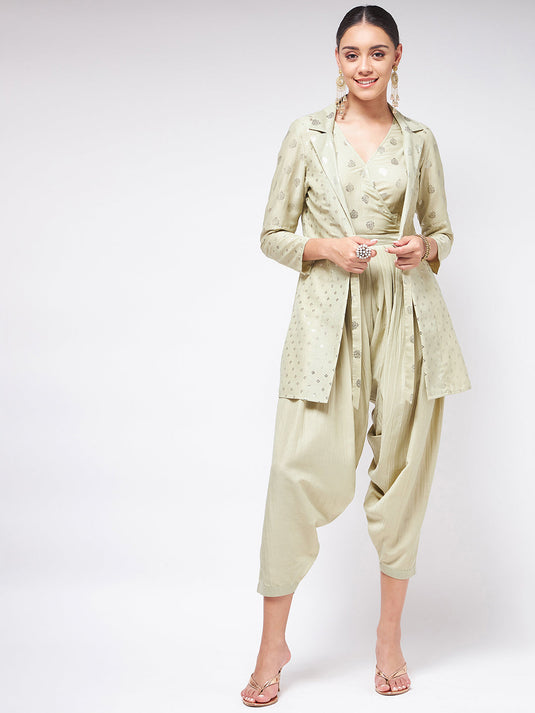 Pista Festive Foil Printed Jumpsuit With Stylish Jacket