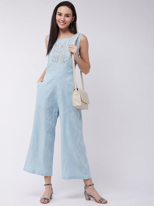 Chambray Front Embroidered Jumpsuit