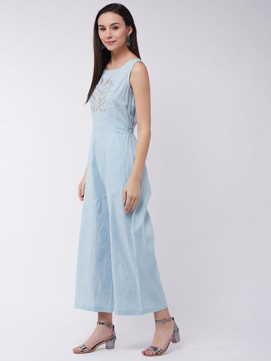 Chambray Front Embroidered Jumpsuit