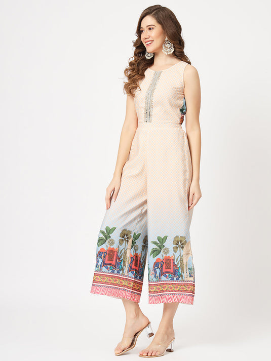 Wedding Inspired Digital Placement Printed Jumpsuit With Lace