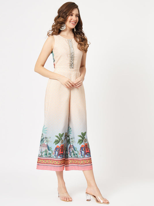 Wedding Inspired Digital Placement Printed Jumpsuit With Lace