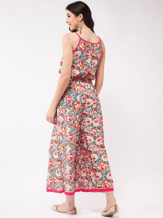 Painted Floral Look Digital Printed Strappy Jumpsuit