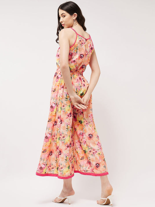 Painted Floral Look Digital Printed Sleeveless Jumpsuit