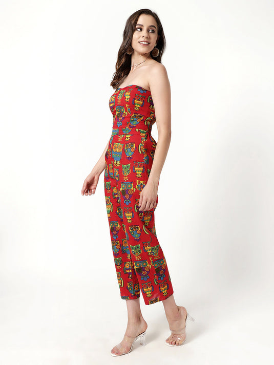 Tube Neck Owl Printed Jumpsuit