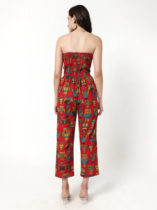 Tube Neck Owl Printed Jumpsuit