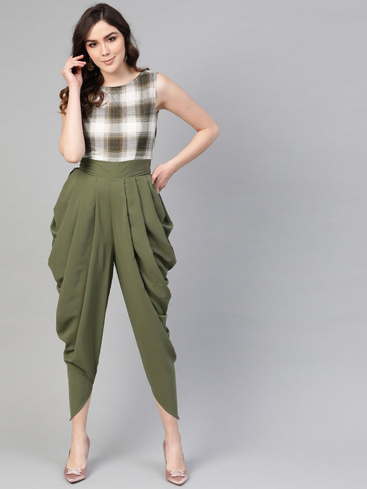 Olive Checkered Cowl Jumpsuit