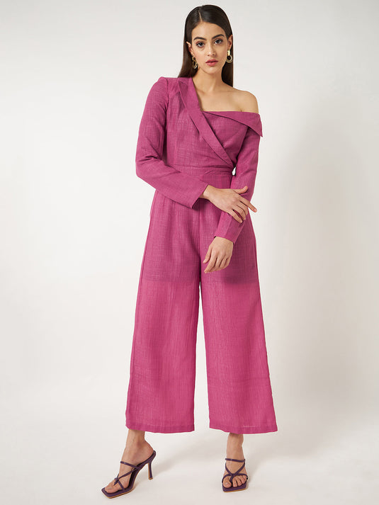 Pink Solid Stylish Collar One-Shoulder Jumpsuit