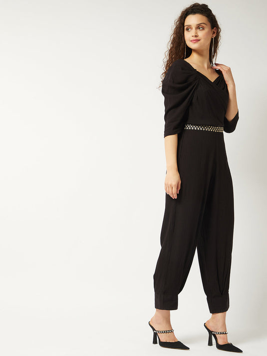 Black Solid Ruffle Sleeves Stylish Jumpsuit