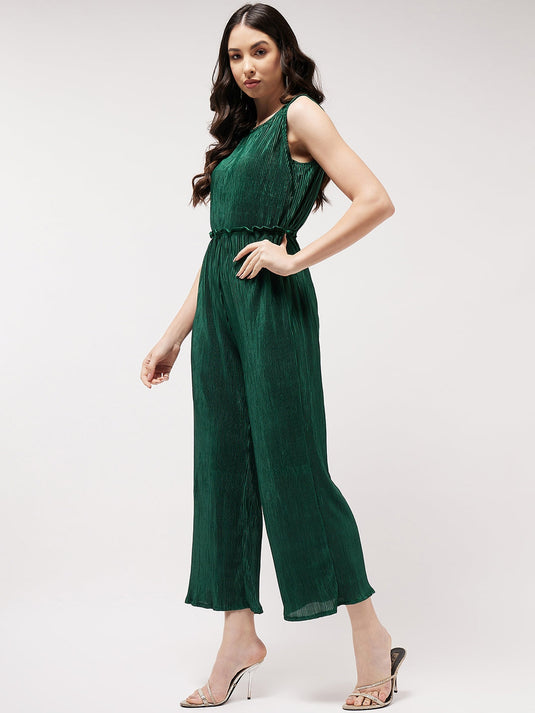 Solid Sleeveless Jumpsuit With Pleated Bottom