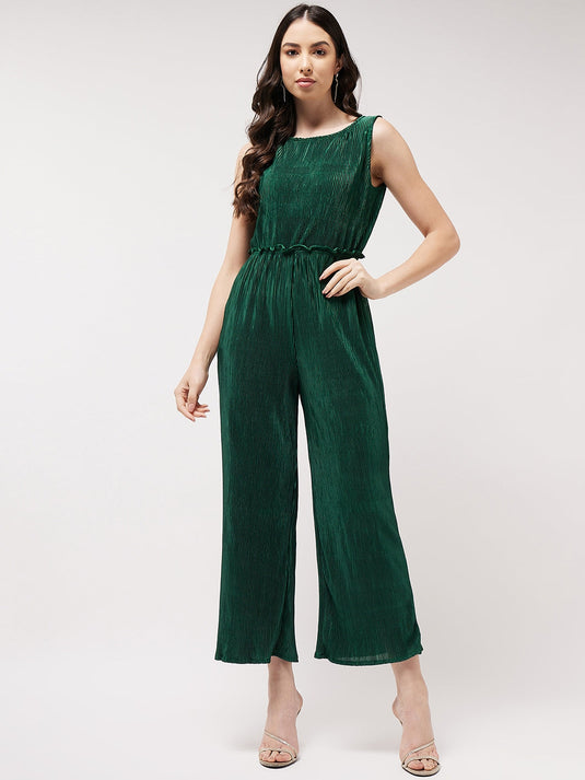 Solid Sleeveless Jumpsuit With Pleated Bottom